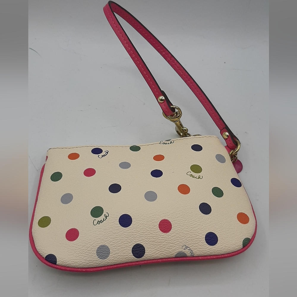 Coach Corner Wristlet Wallet Cream Pink Polka Dot Pouch Small Logo Leather - Picture 5 of 8